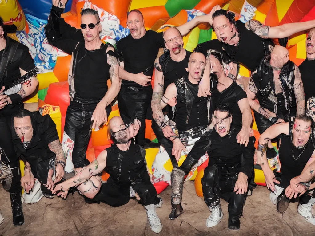 Prompt: rammstein band perform a gig inside a bouncy castle in a park