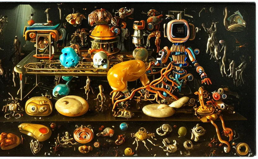 Image similar to strange robot body, disturbing colorful oil painting dutch golden age vanitas still life sparse composition with bizarre objects strange gooey transparent surfaces shiny metal reflections bizarre mutant meat insects rachel ruysch dali todd schorr very detailed perfect composition rule of thirds masterpiece canon 5 0 mm, cinematic lighting, photography, retro, film, kodachrome