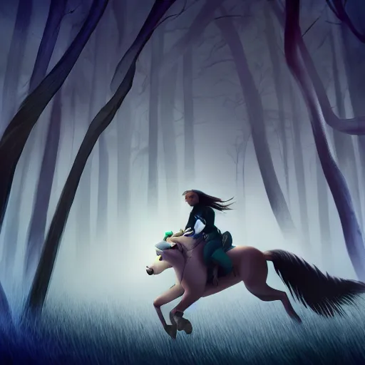 Image similar to medium shot young girl, blond hair green eyes, riding a gray wolf, in a dark forest, mysterious, backlit, beautiful still from a pixar dreamworks movie, trending on artstation