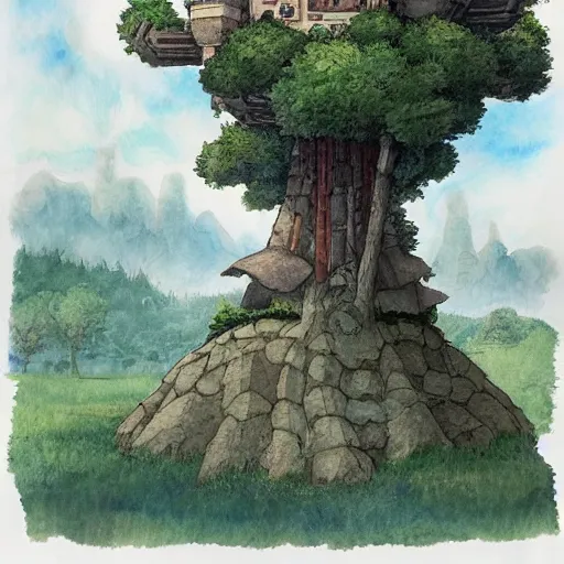 Image similar to laputa castle in the sky robot hayao miyazaki stands in a small clearing among trees, watercolor illustration for a book