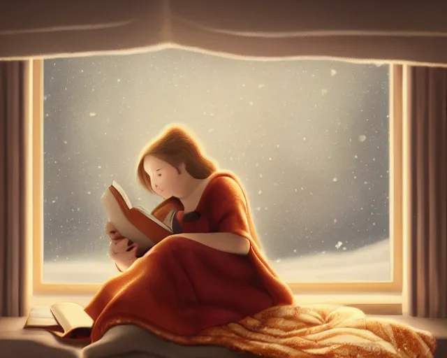 Prompt: a beautiful warm matte painting of a woman curled up with a blanket reading a good book next to her friendly cat who is purring with eyes closed. they are both sitting next to a window as the sun sets in winter, by nina masic, crisp, detailed, trending on artstation