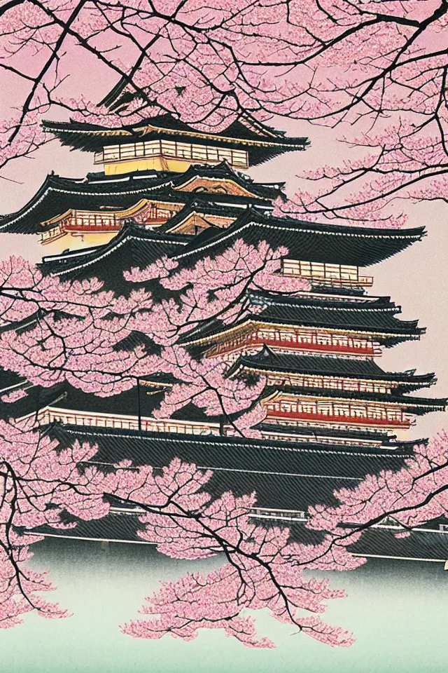 Prompt: full moon and cherry blossoms in matsuyama castle, kawase hasui, ohara koson