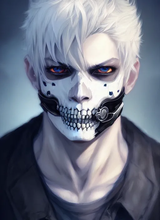 Image similar to highly detailed portrait art of a skull face boy, white hair, black and blue eyes, white shirt, ross tran, krenz cushart,, vd, intricate, digital anime art, sharp focus