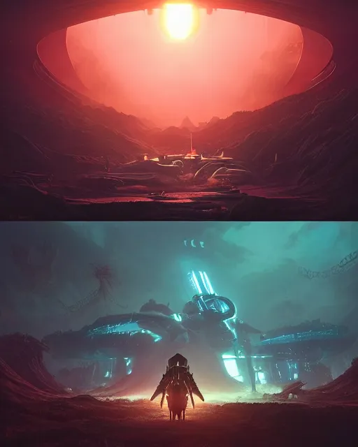 Image similar to alien temple, beautiful landscape, nier automata, protoss!!!!, machine planet, mothership in the sky, pink sun, tropical forest, colorful light, advanced technology, cinematic lighting, highly detailed, masterpiece, art by bastien grivet and darwin cellis and jan urschel