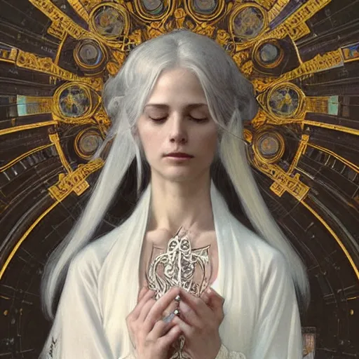 Image similar to portrait of a beautiful ethereal delicate roman catholic bishopress meditative sacral pose catholic stages of the cross, white hair, intricate, elegant, highly detailed, digital painting, artstation, concept art, smooth, sharp focus, illustration, art by krenz cushart and artem demura and alphonse mucha