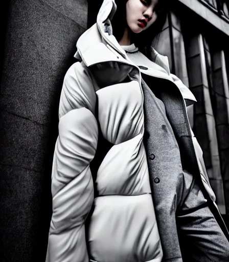 Image similar to well lit fashion shoot portrait of extremely beautiful female marble statue wearing huge over size puffer jacket by dingyun zhang, yeezy, balenciaga, vetements, a cold wall, sharp focus, clear, detailed,, cinematic, detailed, off white, glamourous, symmetrical, vogue, editorial, fashion, magazine shoot, glossy