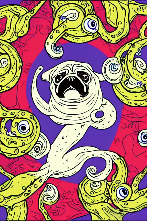 Image similar to Pug with tentacles, the devil, sticker, blood thirsty, spawn of Satan, burning in hell, blood, evil, colorful, illustration, highly detailed, simple, smooth and clean vector curves, no jagged lines, vector art, smooth