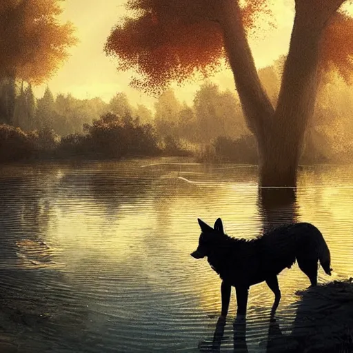 Image similar to A wolf sitting alone in a pond, golden sunlight, evening, beautiful, sad, artstation greg rutkowski