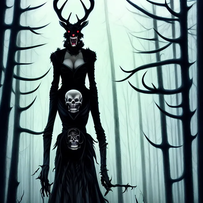 Prompt: style artgerm, joshua middleton, diego fazio, gerald brom, scary wendigo with antlers and skull face mixed with werewolf, beautiful witch wearing a black dress on the right side, in the forest, detailed, dark and foggy, cinematic lighting