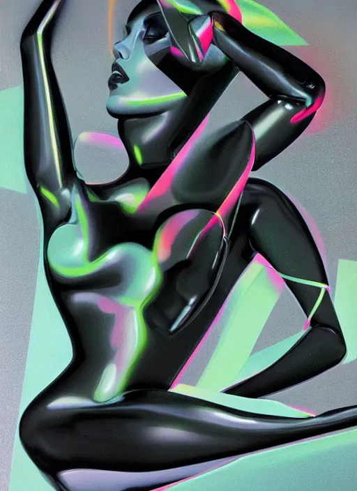 Image similar to futuristic lasers tracing, colorsmoke, fullbodysuit, pyramid hoodvisor, raindrops, wet, oiled, beautiful cyborg girl aphrodite pinup, by steven meisel, kaws, rolf armstrong, cubist perfect geometry abstract acrylic, octane hyperrealism photorealistic airbrush collage painting, monochrome, neon fluorescent colors, minimalist rule of thirds, eighties eros