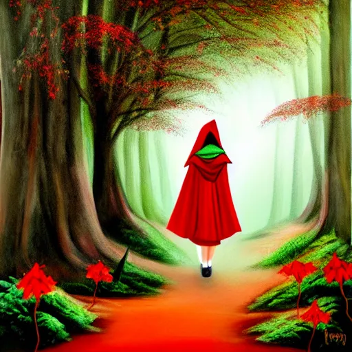 Prompt: little red riding hood walking through a dark forest, surrounded by brugmansia trees with white flowers, painting