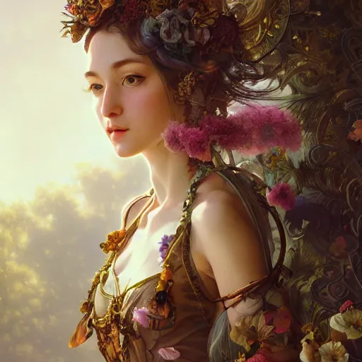 Prompt: baroque portrait of a steampunk bohemian nature nymph in a simple dress with floral decoration, cinematic lighting, photorealistic, octane render, 8 k, depth of field, 3 d, art by artgerm and greg rutkowski and alphonse mucha and uang guangjian