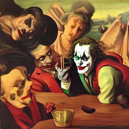 Image similar to the Joker, aristocratic, surrealist renaissance painting