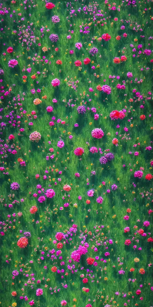 Image similar to an aesthetic field of flowers, greg rutkowski, zabrocki, karlkka, jayison devadas, trending on artstation, 8 k, ultra wide angle, zenith view, pincushion lens effect