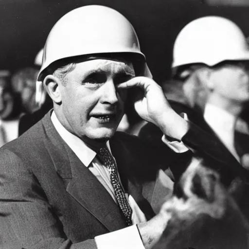 Prompt: president elect wearing a helmet that says ham, detailed, 1 9 5 0's press photo