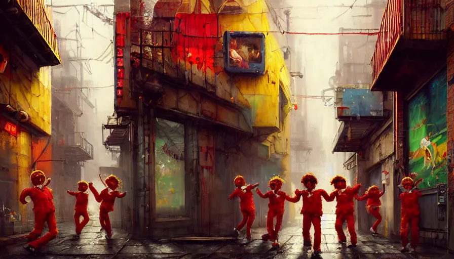 Image similar to highly detailed painting of a group of ronald mcdonalds with red afros, white facepaint, red noses and yellow tracksuits dancing in a cyberpunk alleyway by william turner, by greg rutkowski, by william constable, thick brush strokes and visible paint layers, 4 k resolution, retrowave colour scheme