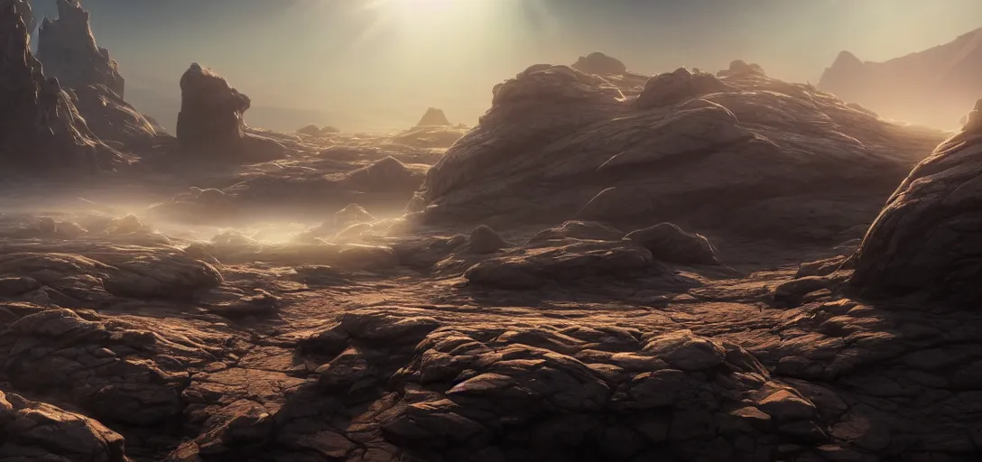 Image similar to dramatic view of empty rocky alien wasteland, mysterious aquamarine glowing fog, small floating rocks in the sky, glowing nacreous clouds,, unreal engine, dramatic lighting, detailed, ambient occlusion, global illumination, god rays, 3 d artstation render by greg rutowski and jessica rossier