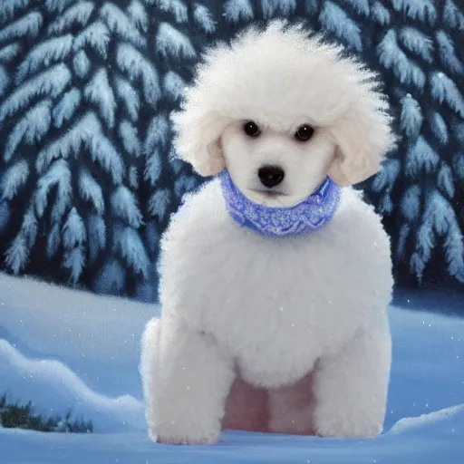 Prompt: cute fluffy white poodle puppy sitting in snowy winter landscape detailed painting 4k
