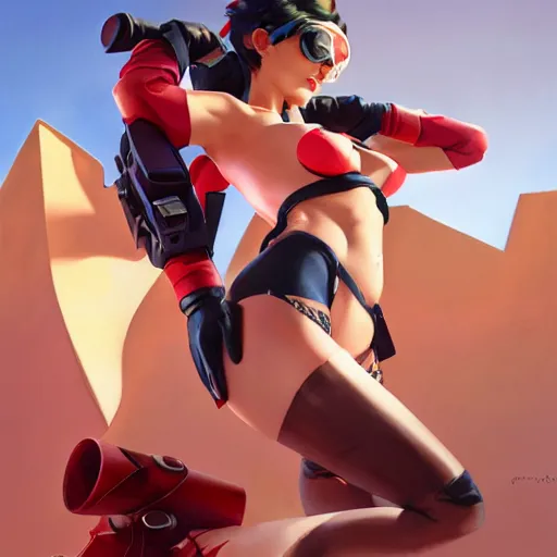 Image similar to pinup overwatch tracer in a red bikini, artwork by sergey kolesov, medium shot, asymmetrical, organic painting, sunny day, matte painting, bold shapes, hard edges, street art, trending on artstation, by huang guangjian and gil elvgren and sachin teng