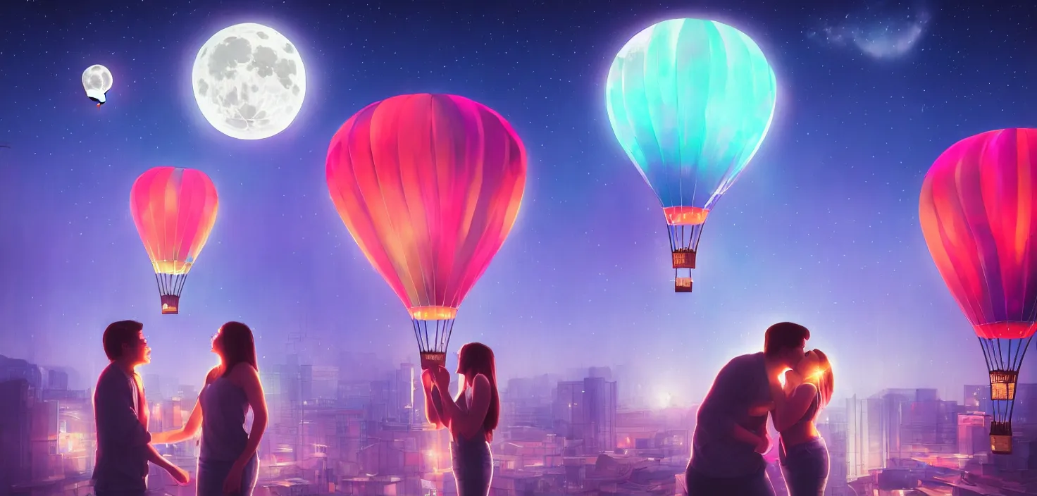 Prompt: a couple kissing on the background air balloon in the middle neon lights | | sunny night, full moon, dreamlike art, realistic shaded, smile, good looking, hyper details, 4 k realistic, cryengine, realistic shaded lighting poster by artgerm, ross tran, fuji choko, 8 k resolution, trending on artstation, luxury