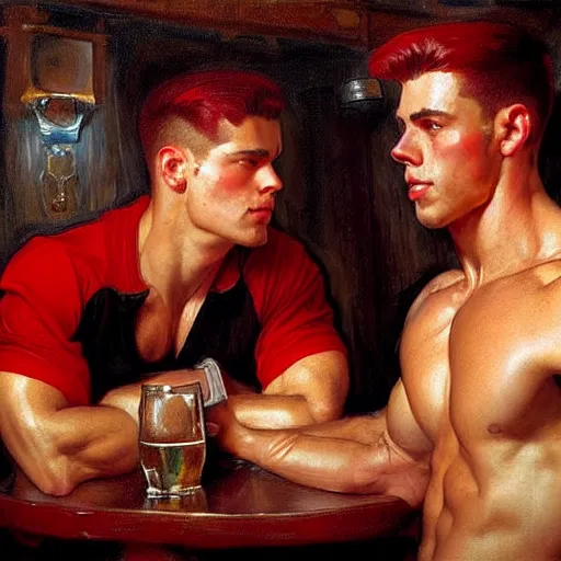 Image similar to attractive muscular male with red hair and muscular attractive male with black hair, drinking their hearts out, in a pub. very defined and highly detailed painting by j. c. leyendecker, gaston bussiere, craig mullins 8 k