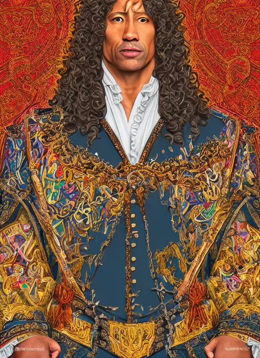 Image similar to beautiful oil painting, portrait of Dwayne the rock Johnson as Louis xiv in coronation robes 1701, Dan Mumford, Dan Mumford, Alex grey, Alex grey, lsd visuals, dmt fractal patterns, entheogen, psychedelic, hallucinogen, highly detailed, ornate, vaporwave