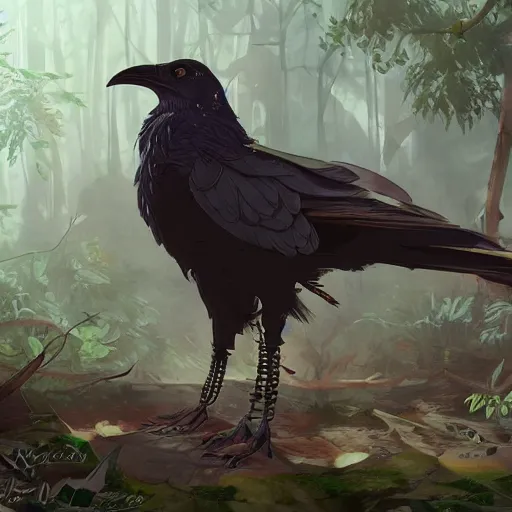 Image similar to concept art painting of an anthropomorphic crow person with steampunk clothes, in the deep forest, realistic, detailed, cel shaded, in the style of makoto shinkai and greg rutkowski and james gurney