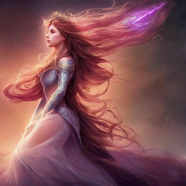 Image similar to beautiful cinematic fantasy poster, a beautiful princess like a disney princess hybrid with flowing illuminated hair, beautiful glowing galaxy eyes, wideshot ultrawide angle epic scale, hybrid from The Elden Ring and art direction by Darius Zawadzki ;by artgerm; wayne reynolds art station; cinematic quality character render; low angle; ultra high quality model; production quality cinema model;