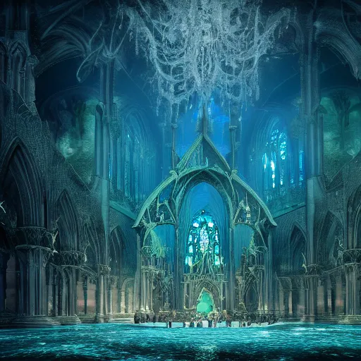 Prompt: an intricate photograph of an underwater gothic cathedral at the bottom of the ocean surrounded by mermaids by david lachapelle, francisco goya, william blake, dark and scary abyssal ambient, photorealistic, octane render, unreal engine, 4 k, smooth zenithal lighting, subaquatic photography,