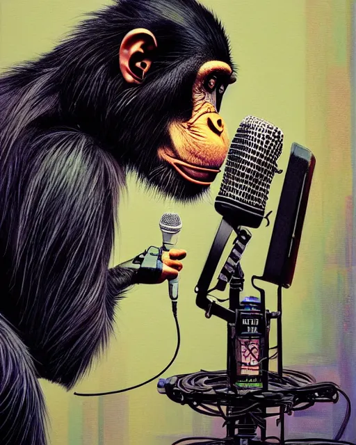 Image similar to a portrait of an anthropomorphic cyberpunk chimp singing into a microphone on a stand by sandra chevrier, by jon foster, detailed render, tape deck, epic composition, cybernetics, 4 k realistic, cryengine, realistic shaded lighting, sharp focus, masterpiece, by enki bilal