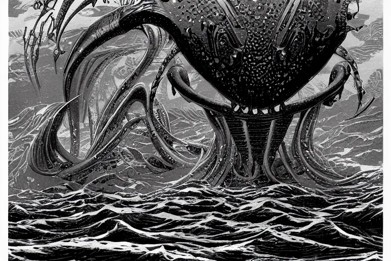 Image similar to dark underwater alien ocean, moebius, giger