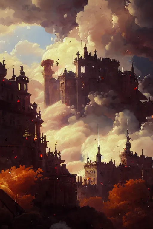 Image similar to baroque oil painting of anime key visual environment concept art of anime rail canon artillery firing over castle walls, smoke debris, grimdark steampunk fantasy, battlefield, trending on artstation, brush strokes, oil on canvas, style of kawacy and makoto shinkai and greg rutkowski and studio ghibli