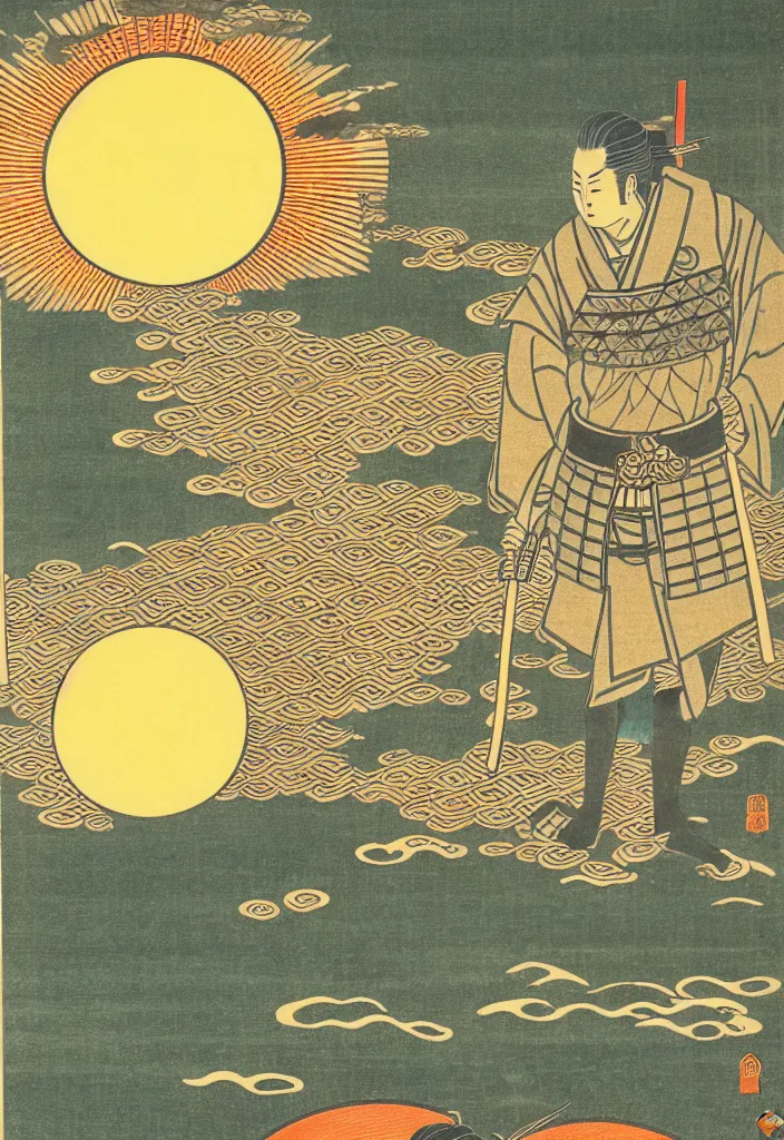 Prompt: prompt: Samurai standing in the middle of the lake with a big sun above him and clody skydrawn by TakatoYamamoto, Japanese woodblock print style, inspired by 1980's sci-ci, clean ink detailed line drawing, intricate detail, manga 1980