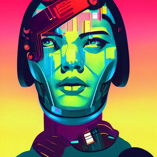 Image similar to a graph - style gouache impasto huge robot head in front of her, cyberpunk art by by james gilleard, cgsociety, retrofuturism, synthwave, retrowave, outrun