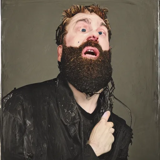 Image similar to Singing Thoooom Yooooorke, with a beard and a black jacket, a portrait by John E. Berninger, dribble, neo-expressionism, uhd image, studio portrait, 1990s