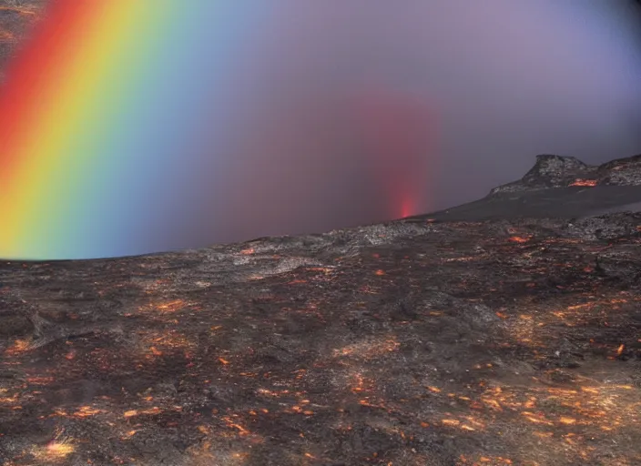 Prompt: rainbow from an erupting volcano at night, fantasy, digital art, realism, unreal engine, sharp, detailed, trending on artstation,