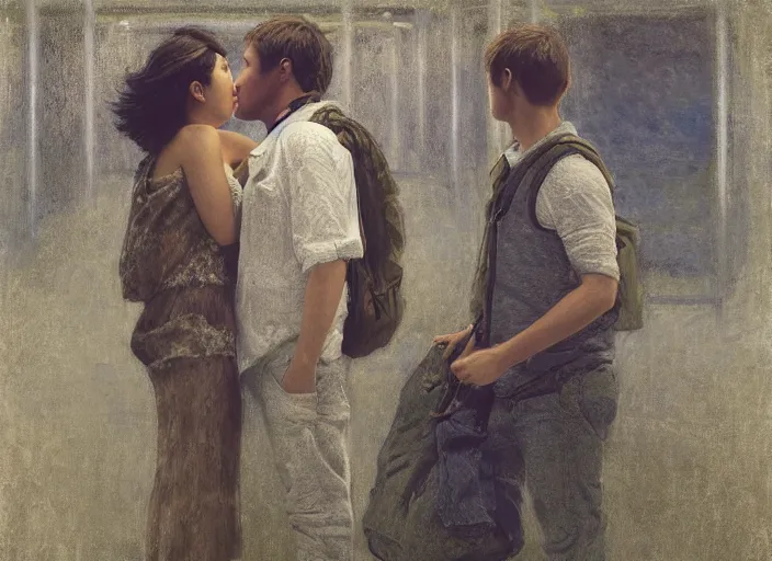 Prompt: people inside future airport, figures, in the style of matt murphy, enes dirig, jeremy enecio, intricate, miles johnston, monet, cynical realism, john william godward, painterly, yoshitaka amano, miles johnston, louise zhang, matt murphy, enes dirig, pekka halonen, finnish naturalism, realism