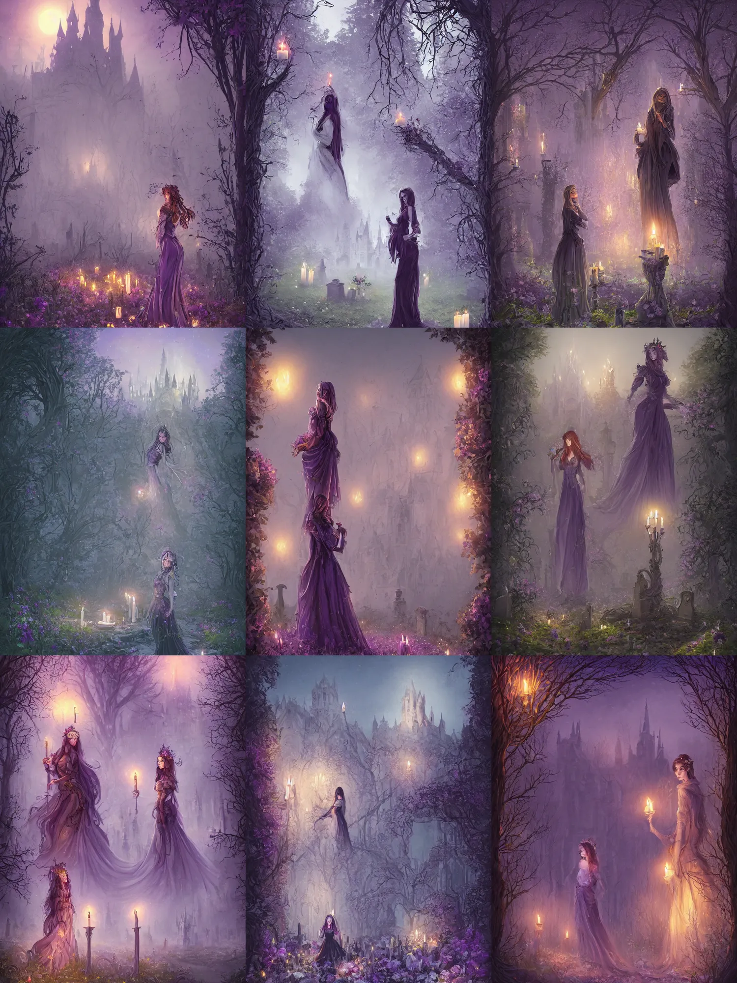 Prompt: beautiful woman, Queen of the ghosts, old cemetery, candles, castle in the background, trees, creepers, beautiful flowers, night, warm atmosphere, purple color, colorfully, full body shot, detailed illustration, digital art, overdetailed art, concept art, Sylvain Sarrailh, Greg Rutkowski, trending on artstation