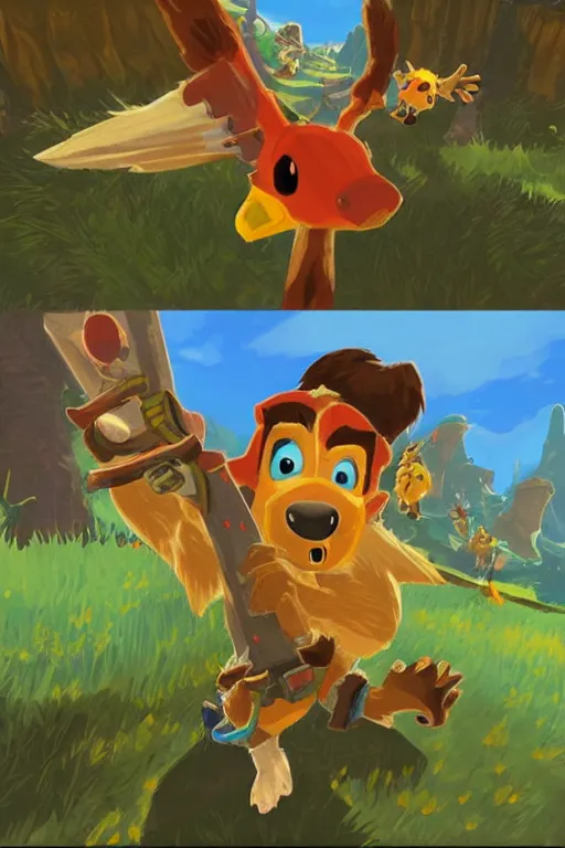 Image similar to an in game portrait of banjo and kazooie from the legend of zelda breath of the wild, breath of the wild art style.