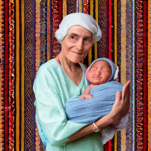 Image similar to 80 year old sentimental Mediterranean skinned woman in ancient Canaanite clothing holding a newborn baby, in the style of Corporate Memphis Alegria style