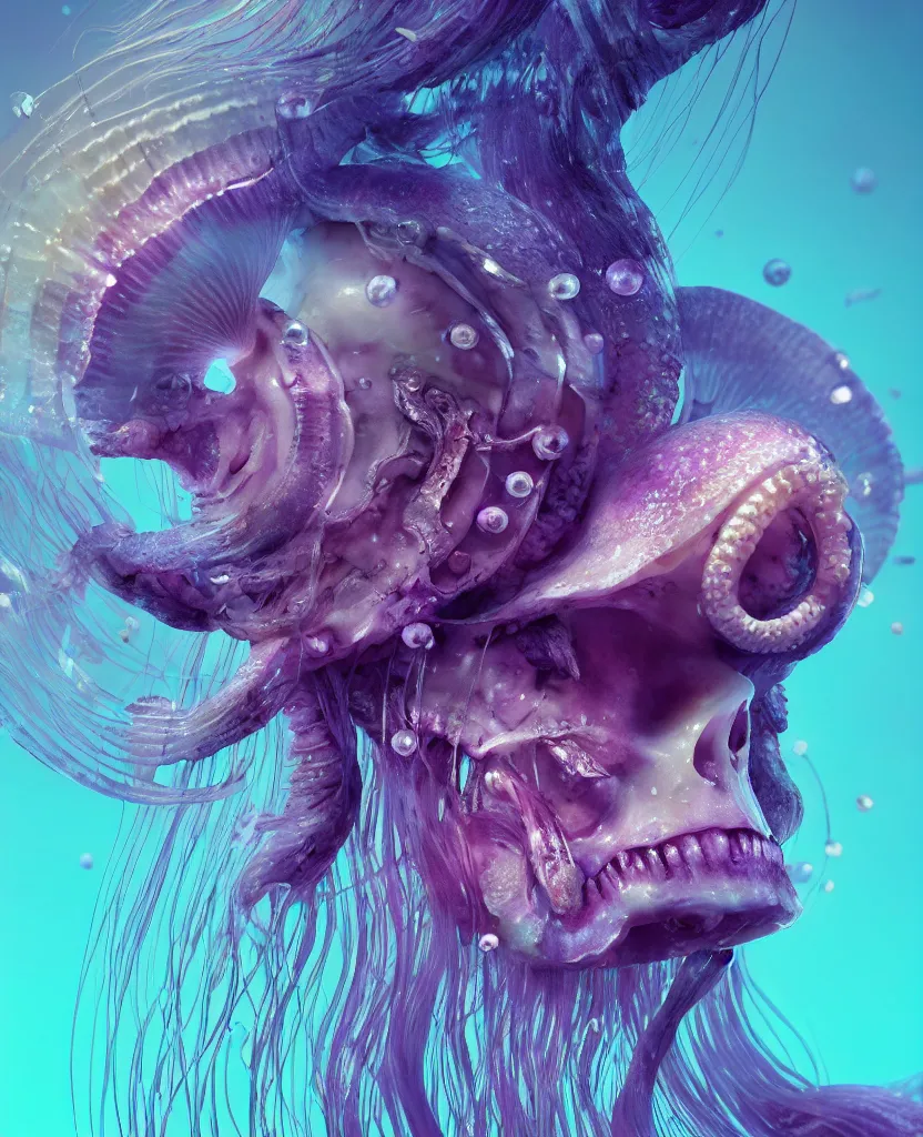 Image similar to goddess princess face close-up portrait ram skull. jellyfish phoenix head, nautilus, orchid, skull, betta fish, bioluminiscent creatures, intricate artwork by Tooth Wu and wlop and beeple. octane render, trending on artstation, greg rutkowski very coherent symmetrical artwork. cinematic, hyper realism, high detail, octane render, 8k