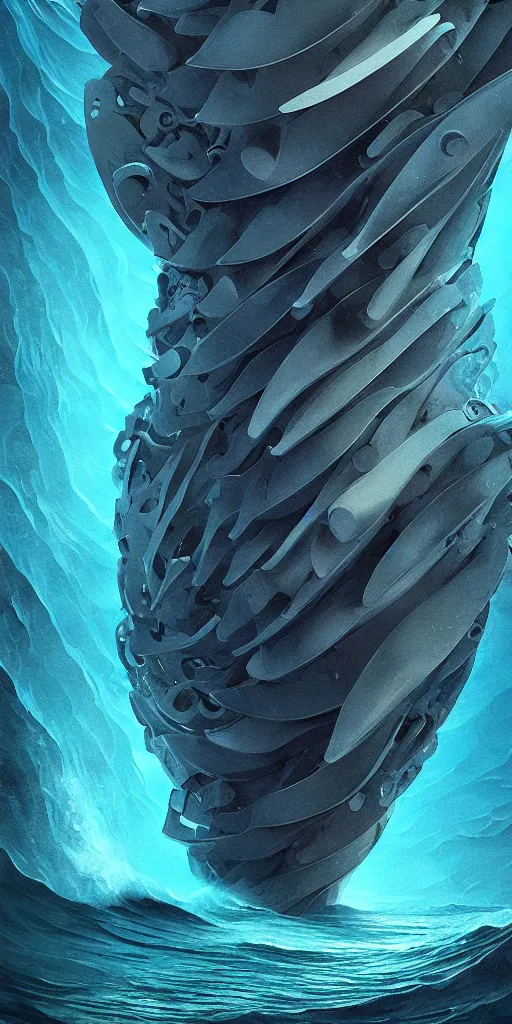 Prompt: of a stormy ocean with large strange creatures with big eyes, mouth, long tongue and round teeth appearing from the water, in the style of gehry, macro lens, shallow depth of field, highly detailed, digital painting, trending artstation, concept art, illustration, cinematic lighting, vibrant colors, photorealism, epic, octane render