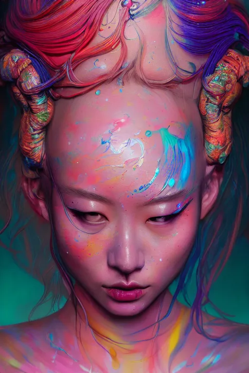 Prompt: hyperrealistic photography of a gorgeous girl pouring multicolored luminescent paint on her head in the style of jin kagetsu, james jean, chris cunninham, hans bellmer and wlop, highly detailed, face symmetry, masterpiece, award - winning, sharp focus, intricate concept art, ambient lighting, 8 k, artstation