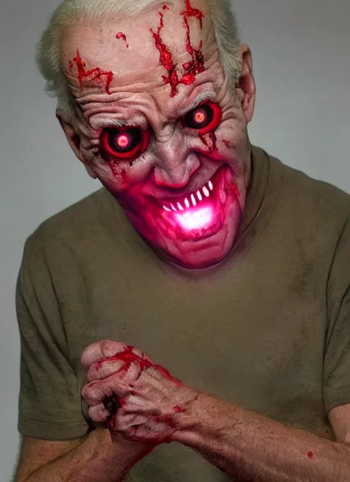 Image similar to hyper realistic terror photo Doom horror furious glowing red eyes biden