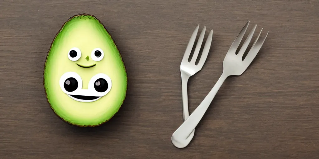 Image similar to cute little smiling avocado robot with cute eyes and forks instead of arms, logo style