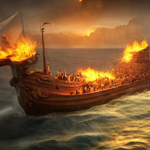 Image similar to An Epic viking sea battle at night, fire and smoke, realistic 4k octane beautifully detailed render, 4k post-processing, highly detailed, intricate complexity, epic composition, magical atmosphere, cinematic lighting, masterpiece, ultra hd