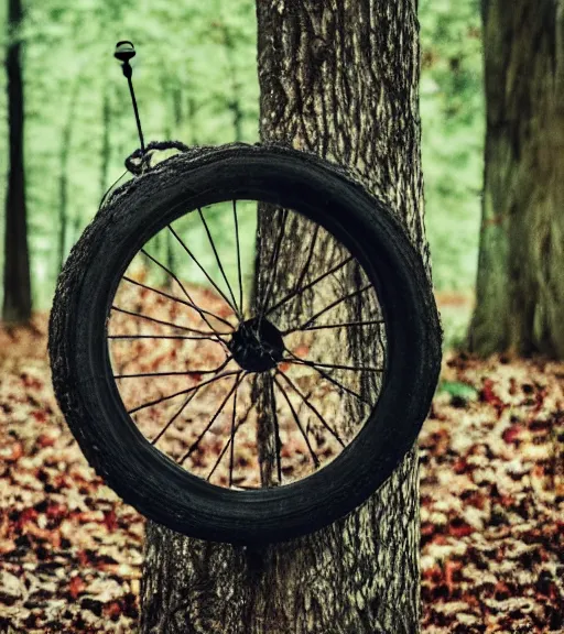 Prompt: sad tire hanging from a tree