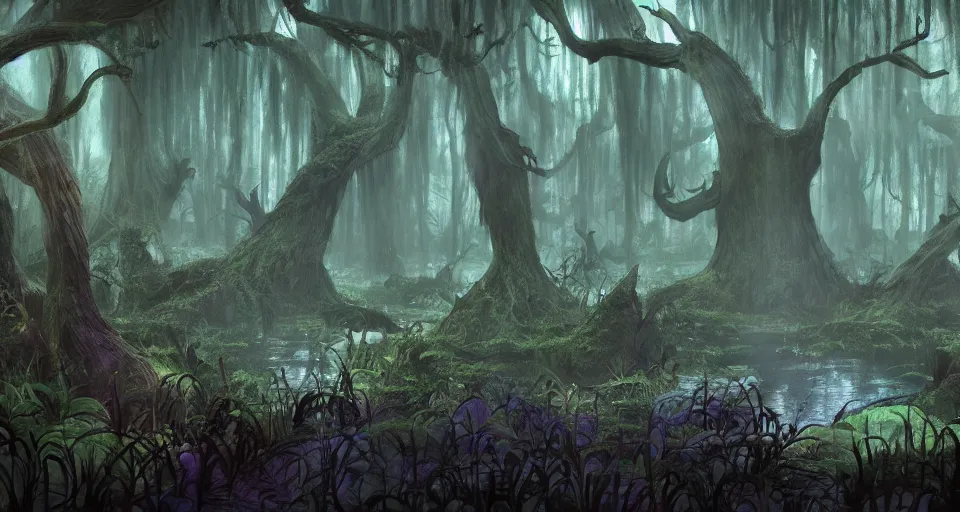 Image similar to A dense and dark enchanted forest with a swamp, by Pixar Concept Artists