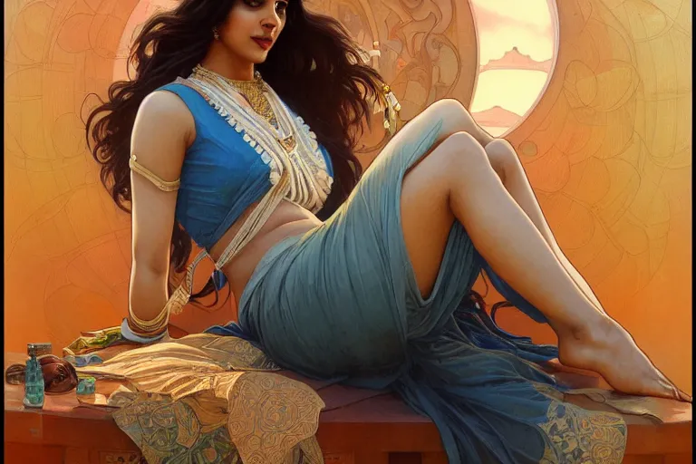 Image similar to sensual pale beautiful indian doctor in jeans, art deco portrait, elegant, intricate, digital painting, artstation, concept art, smooth, sharp focus, illustration, art by artgerm and greg rutkowski and alphonse mucha