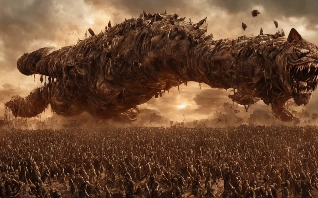 Prompt: a million cats forming a giant threatening mega cat, photorealistic render, mad max